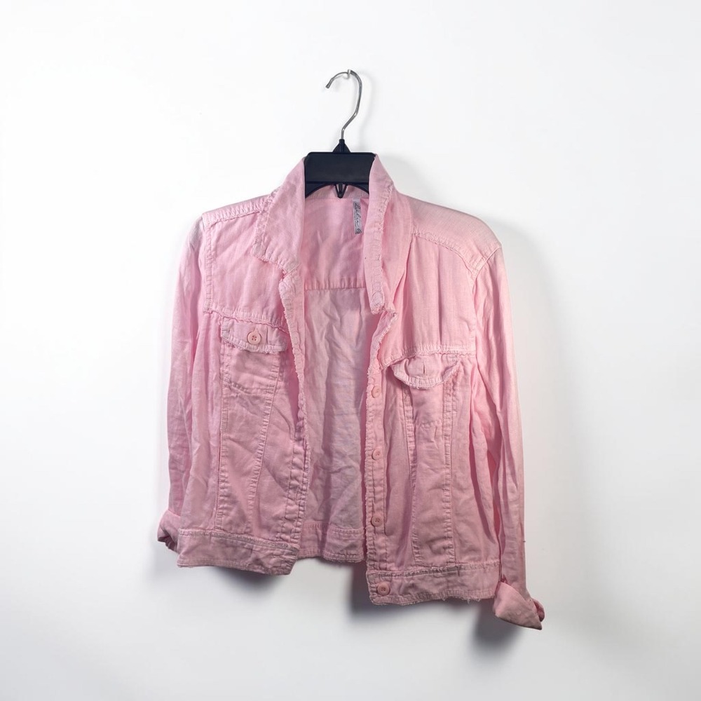 Lulu-B Pink Linen Button Front Jacket Frayed Hem Women Small Casual Lightweight